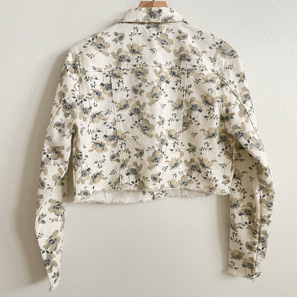 Kancan White and Taupe Floral Cropped Button Front Denim Jacket Women’s XS - Picture 3 of 8